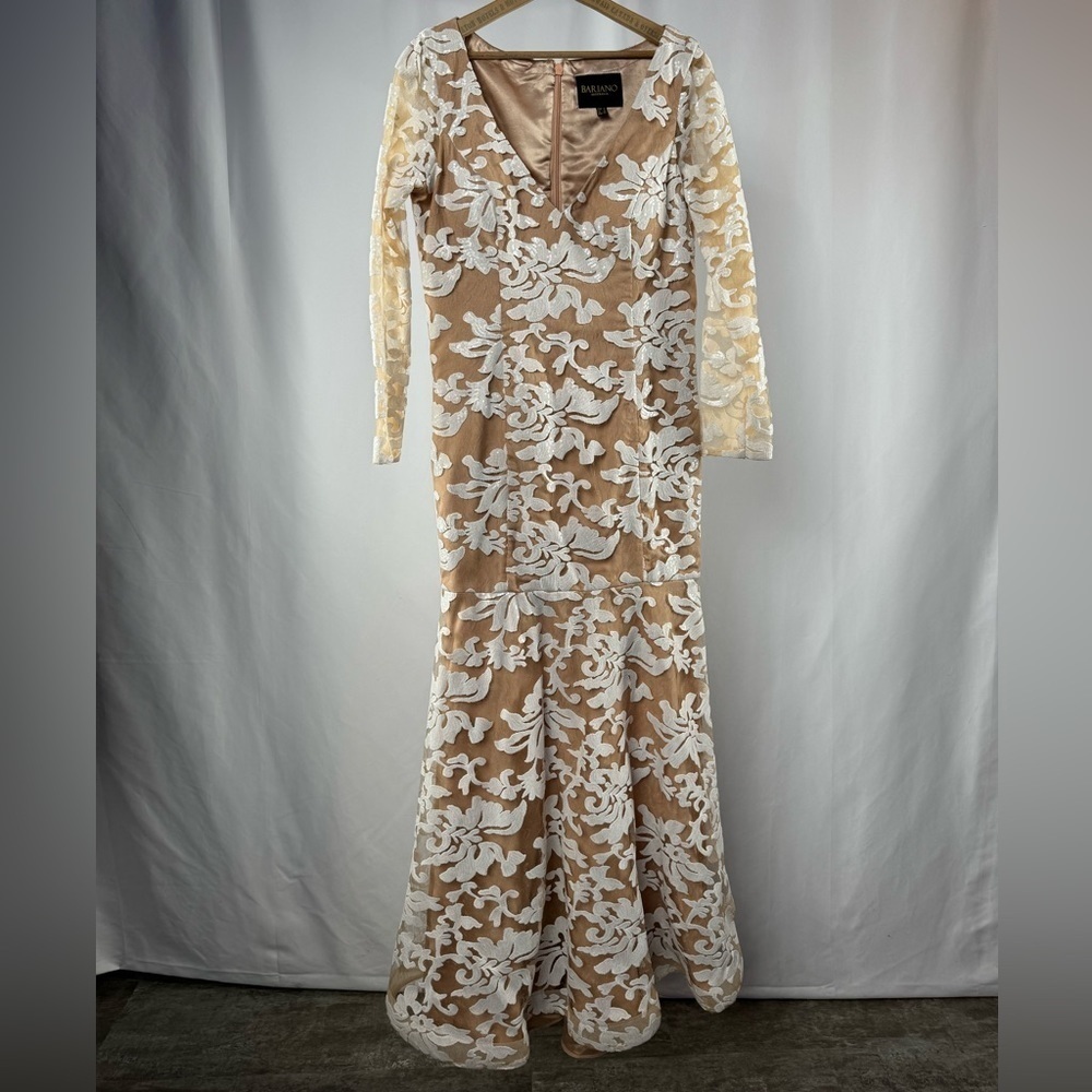 Bariano Long‎ Sleeve Lace Gown in White Tan Size 12